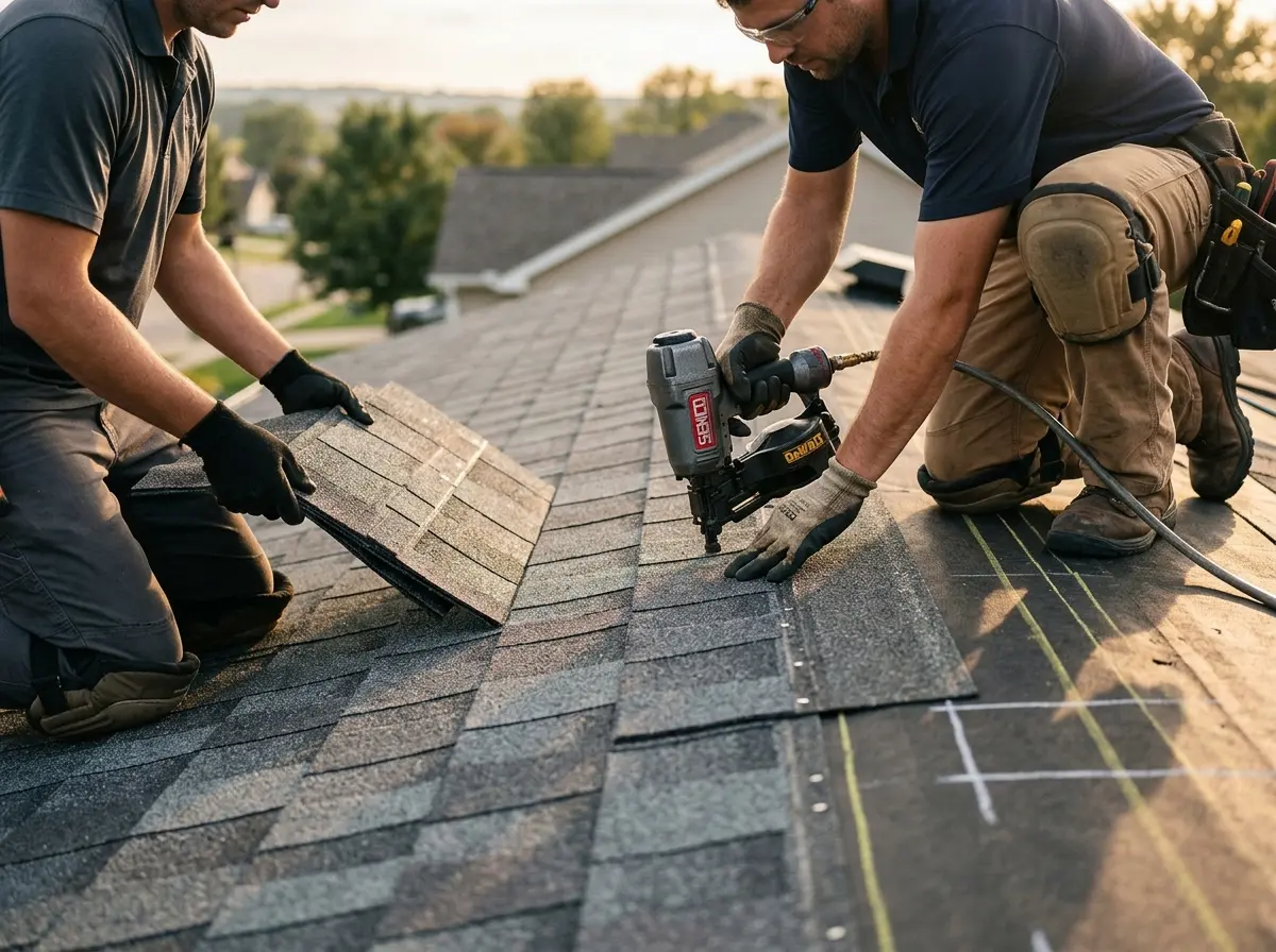 Professional roofer working on a residential roof in Longview